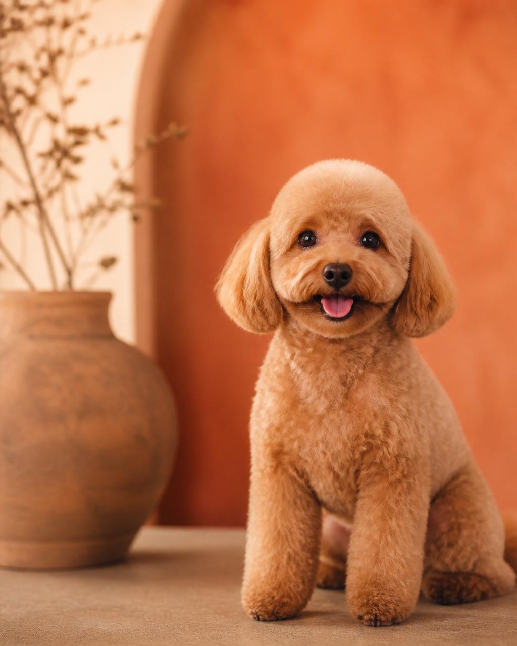 Freshly groomed dog against a warm clay backdrop
