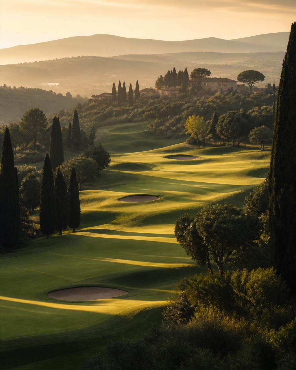 Tuscan golf course fairway at golden hour
